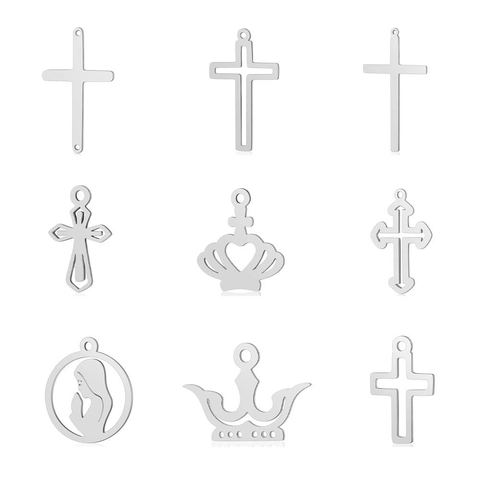Pendentif Croix Couronne Vierge Marie en Acier Inoxydable Poli Creux Accessoire de Fabrication de Bijoux DIY Religieux Or Argent