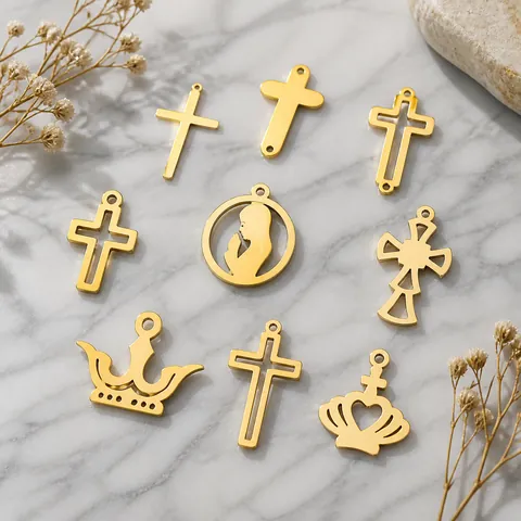 Stainless Steel Cross Pendant Religious Virgin Mary Crown DIY Jewelry Making Accessories Simple Hollow Out Geometric Necklace Charm Unisex