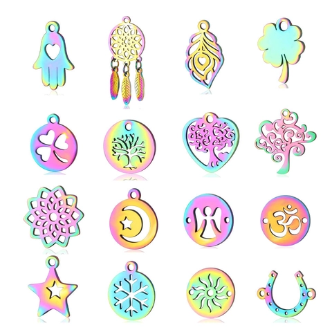 Electroplated Rainbow Stainless Steel Dreamcatcher Feather DIY Charm Pendant For Necklace Bracelet Jewelry Making Accessories
