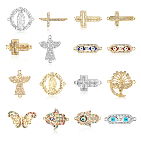 Cubic Zirconia Copper Cross Angel Evil Eye Hamsa Hand Peacock Butterfly Connectors For DIY Necklace Bracelet Jewelry Making Women