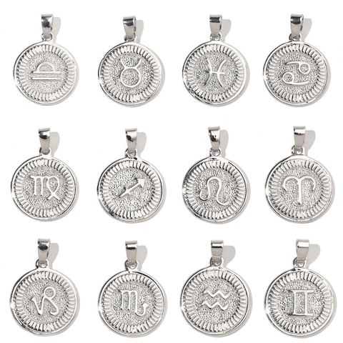 Copper Zirconia Zodiac Constellation Coin Pendant For DIY Jewelry Making Round Astrology Charms For Necklace Bracelet Women Gift