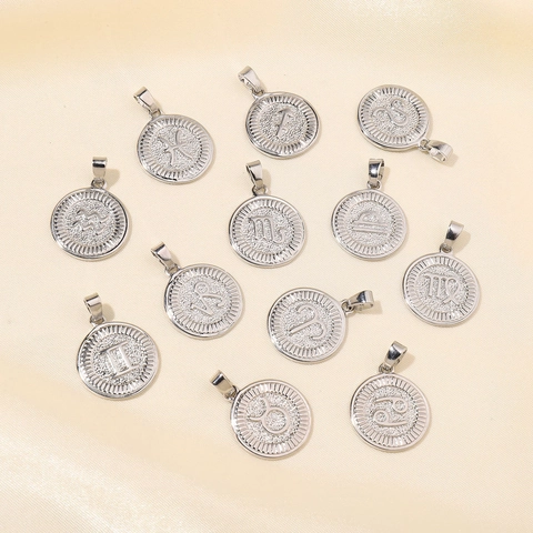 Copper Zirconia Zodiac Constellation Coin Pendant For DIY Jewelry Making Round Astrology Charms For Necklace Bracelet Women Gift