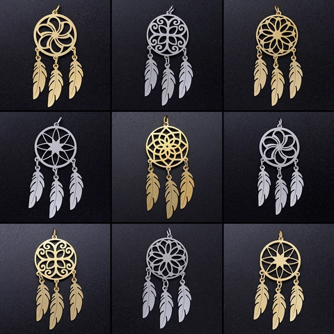 Stainless Steel Dreamcatcher Pendant Hollow Lotus Feather Charm For DIY Necklace Earring Making Bohemian Jewelry Accessory