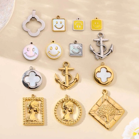 Stainless Steel Clover Smiley Face Tree Of Life Anchor Portrait Pendants For DIY Jewelry Making Accessories Gold Silver Plated