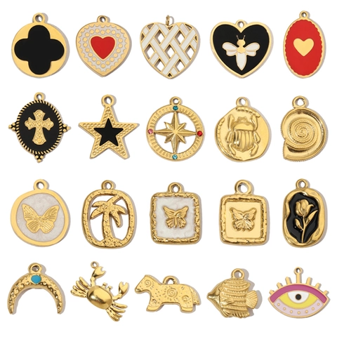 Vintage Stainless Steel DIY Pendant Charm For Jewelry Making Gold Plated Enamel Animal Heart Cross Star Butterfly Pendant