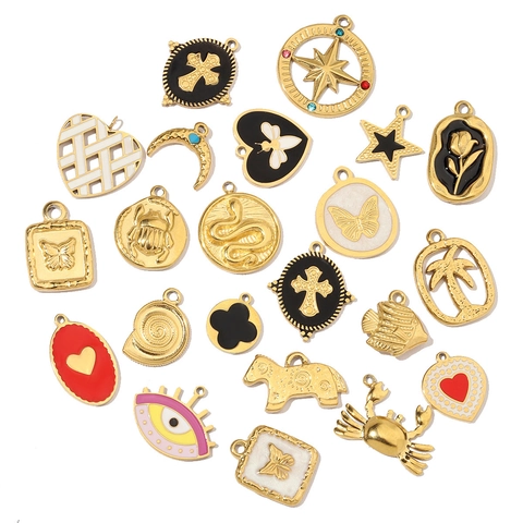 Vintage Stainless Steel DIY Pendant Charm For Jewelry Making Gold Plated Enamel Animal Heart Cross Star Butterfly Pendant