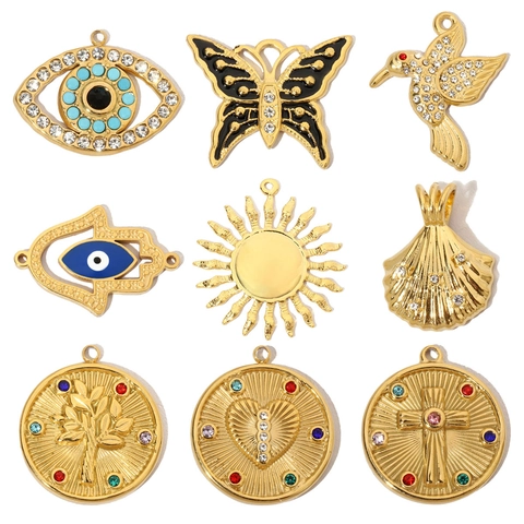 Vintage Stainless Steel DIY Pendant Butterfly Sun Cross Evil Eye Heart Shell Hummingbird Gold Plated Rhinestone Charm