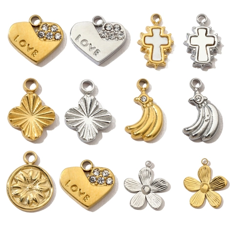 French Retro Stainless Steel DIY Pendants Heart Cross Clover Smiley Face Enamel Rhinestone Love Charms Jewelry Making