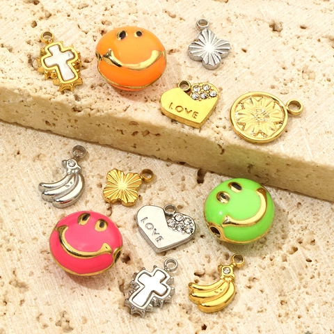 French Retro Stainless Steel DIY Pendants Heart Cross Clover Smiley Face Enamel Rhinestone Love Charms Jewelry Making