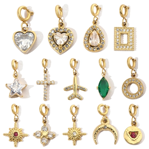 Stainless Steel Zircon Pendants DIY Jewelry Charms Gold Plated Star Heart Moon Airplane Cross Shape For Women Accessories