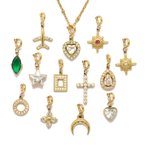 Stainless Steel Zircon Pendants DIY Jewelry Charms Gold Plated Star Heart Moon Airplane Cross Shape For Women Accessories