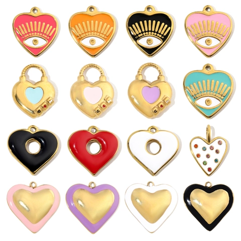 French Vintage Stainless Steel Heart Pendant DIY Enamel Evil Eye Heart Lock Jewelry Making Supplies For Necklace Women