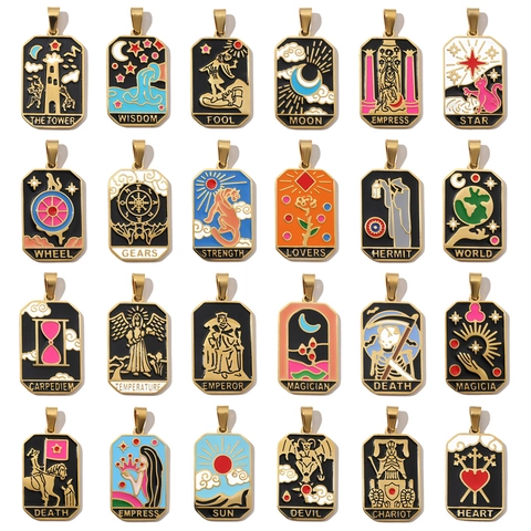Franse Retro Tarotkaart Roestvrij Staal Emaille Hanger DIY Ketting Maken Vintage Mystieke Rechthoekige Mysterie Sieraden Bedel