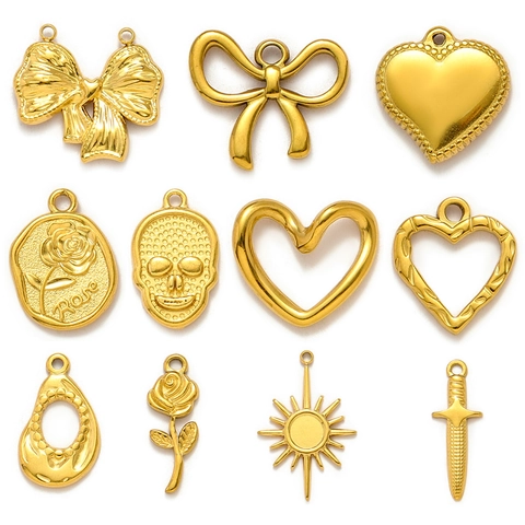 Stainless Steel DIY Pendant Heart Bow Rose Skull Sun Dagger Gold Plated Fashion Jewelry Charms For Necklace Making