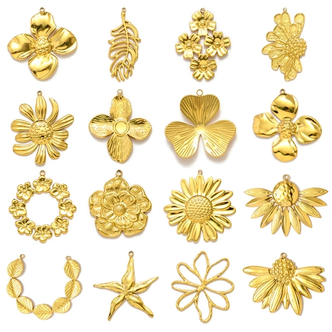 Stainless Steel Flower Leaf Sunflower Starfish DIY Pendant Charms Gold Plated Floral Metal Charms For Jewelry Making DIY