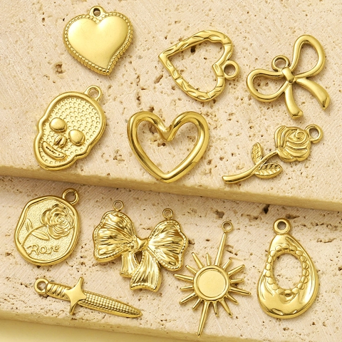 Stainless Steel DIY Pendant Heart Bow Rose Skull Sun Dagger Gold Plated Fashion Jewelry Charms For Necklace Making