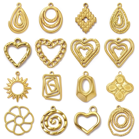 Stainless Steel Gold Plated Pendant For Women DIY Jewelry Making Geometric Spiral Heart Water Drop Hammered Texture Findings