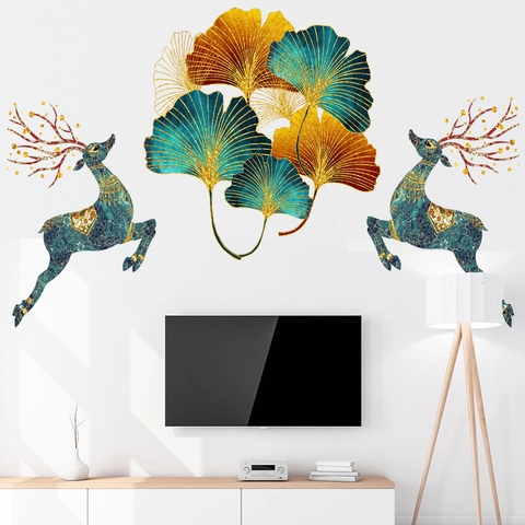 Moderno Hojas De Ginkgo Y Alce Pegatinas De Pared PVC Impermeable Mural Removible Para Sala De Estar Dormitorio Oro Cian