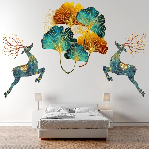 Moderno Hojas De Ginkgo Y Alce Pegatinas De Pared PVC Impermeable Mural Removible Para Sala De Estar Dormitorio Oro Cian