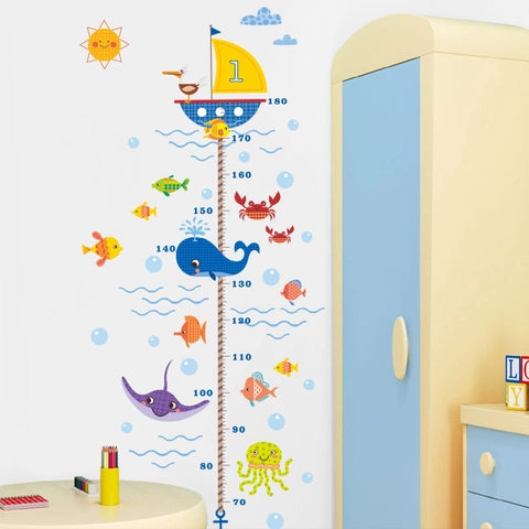 Adesivo da Parete Tabella di Crescita dell'Altezza dei Bambini Animali Marini del Fumetto PVC Impermeabile Squalo Balena Decorazione Nautica