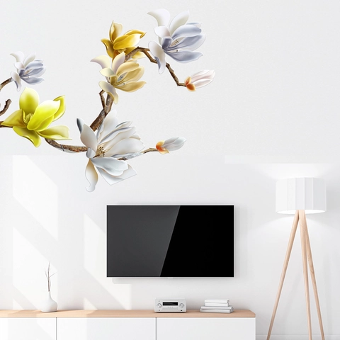 3D Magnolien Blumen Wandsticker PVC Wasserdicht Selbstklebend Abnehmbar Florale Wandtattoos Für Wohnzimmer Schlafzimmer Deko