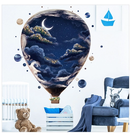 Traumhafter Sternenhimmel Heißluftballon Wandtattoo Wasserdicht PVC Mond Sterne Planeten Aufkleber Für Kinderzimmer Schlafzimmer Wanddeko
