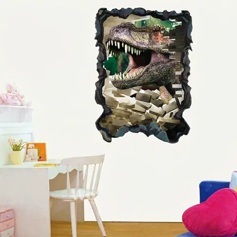 Sticker Mural Dinosaure 3D Mur Cassé PVC Imperméable T-Rex Réaliste Mural pour Chambre d'Enfant Salon Décor Maison