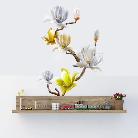 3D Magnolien Blumen Wandsticker PVC Wasserdicht Selbstklebend Abnehmbar Florale Wandtattoos Für Wohnzimmer Schlafzimmer Deko