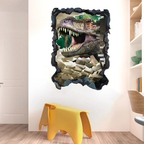 Sticker Mural Dinosaure 3D Mur Cassé PVC Imperméable T-Rex Réaliste Mural pour Chambre d'Enfant Salon Décor Maison