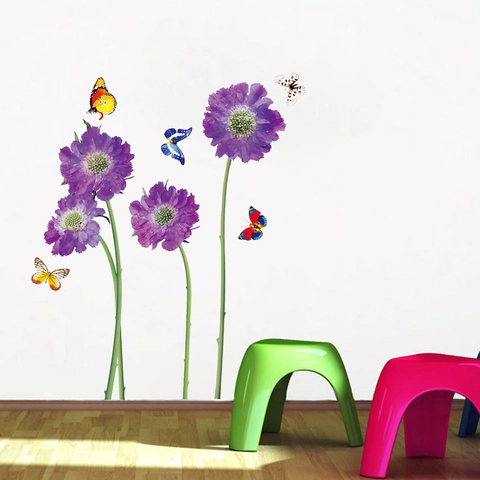 Lila Blume Rebe Schmetterling Wandtattoo DIY Selbstklebend PVC Wandsticker Für Wohnzimmer Schlafzimmer Kinderzimmer Floral Wandkunst