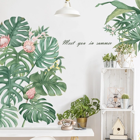 Tropische Grüne Monstera Blätter Rosa Blume Wandaufkleber Nordisch PVC Wasserdicht Abnehmbare Pflanze Wandtattoo Dekor