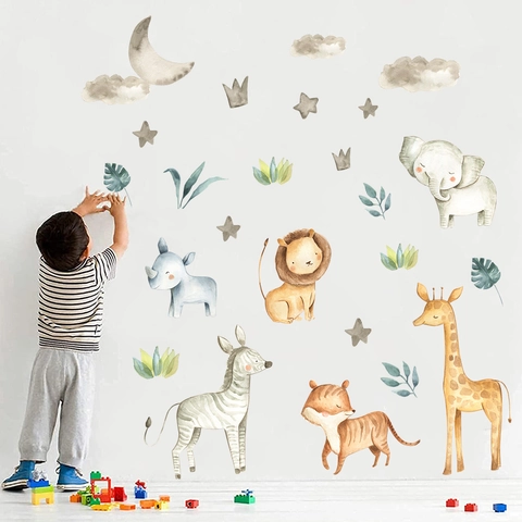 Aquarell Cartoon Tier Wandtattoo Giraffe Elefant Löwe Tiger Für Kinderzimmer Kindergarten Dekor PVC Wandaufkleber