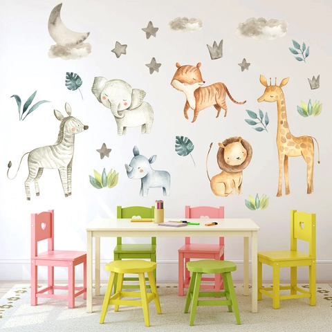 Aquarell Cartoon Tier Wandtattoo Giraffe Elefant Löwe Tiger Für Kinderzimmer Kindergarten Dekor PVC Wandaufkleber