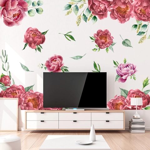 Aquarell Rosa Pfingstrose Wandtattoo PVC Selbstklebend Wasserdicht Floral Blätter Wandaufkleber Für Wohnzimmer Deko