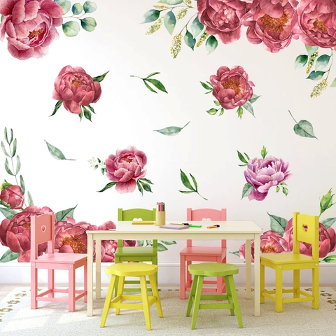 Aquarell Rosa Pfingstrose Wandtattoo PVC Selbstklebend Wasserdicht Floral Blätter Wandaufkleber Für Wohnzimmer Deko