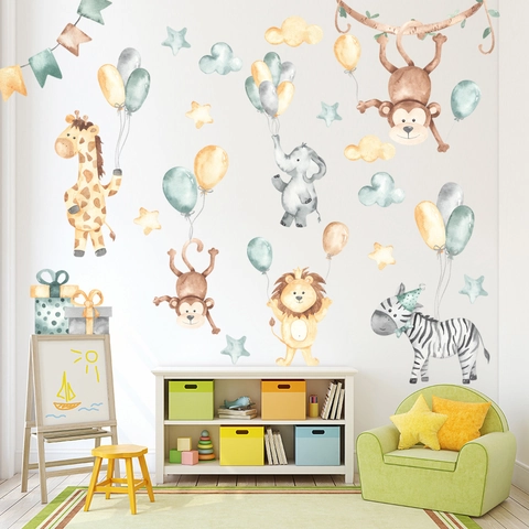 Pegatinas De Pared De Animales De La Selva Acuarela PVC Impermeable Extraíble Jirafa Elefante León Cebra Mono Para Niños