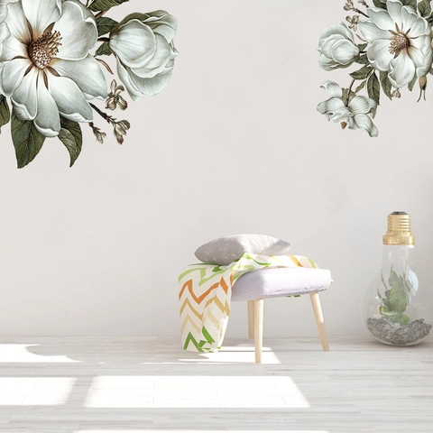 Adesivi Murali Magnolie Vintage Acquerello PVC Impermeabile Removibile Floreale Decorazione da Parete per Soggiorno Camera da Letto