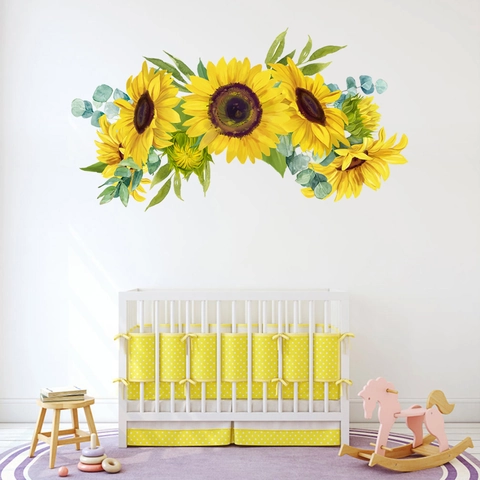 Autocollants Muraux Auto-adhésifs Tournesol Feuilles Vertes Aquarelle Florale Décalcomanie Murale Pour Chambre Salon PVC Imperméable Art Mural