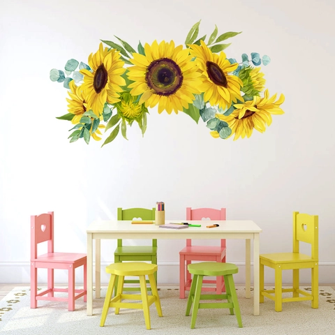 Autocollants Muraux Auto-adhésifs Tournesol Feuilles Vertes Aquarelle Florale Décalcomanie Murale Pour Chambre Salon PVC Imperméable Art Mural