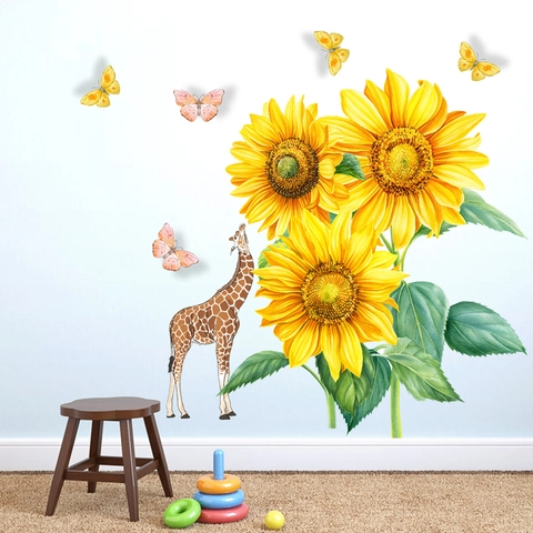 Adesivi Murali Acquerello Con Girasoli e Giraffa in PVC Impermeabile Decorazioni per Camera dei Bambini e Asilo Nido