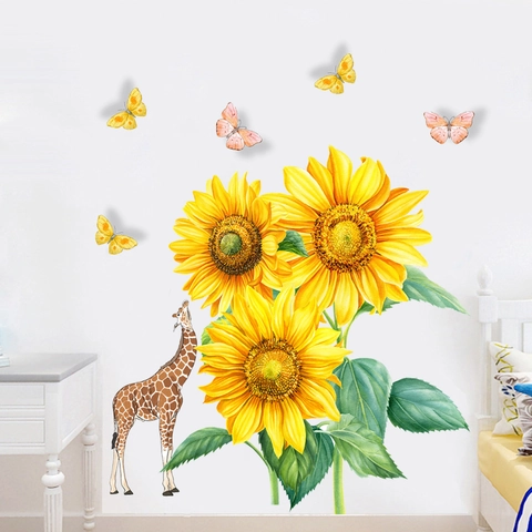 Adesivi Murali Acquerello Con Girasoli e Giraffa in PVC Impermeabile Decorazioni per Camera dei Bambini e Asilo Nido