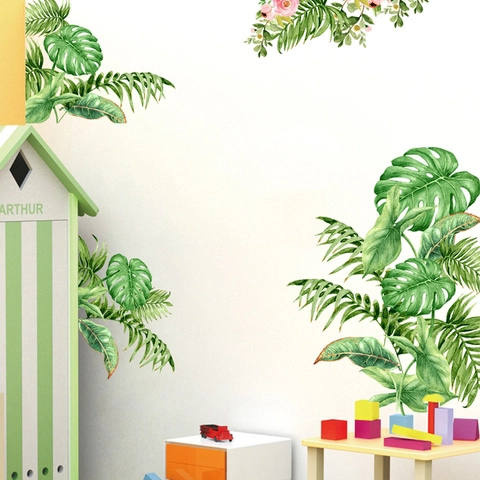 Tropical Monstera Leaves Pink Flower Wall Stickers Waterproof PVC Plant Decals For Living Room Bedroom Home Wall Decor
