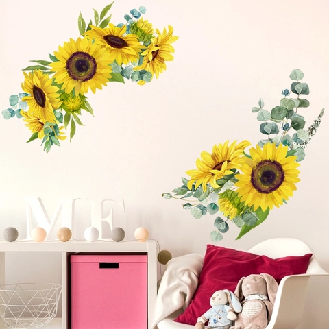 Adesivi Murali Impermeabili in PVC Girasole Foglie di Eucalyptus Fai da Te Autoadesivi Floreale Per Soggiorno Camera da Letto
