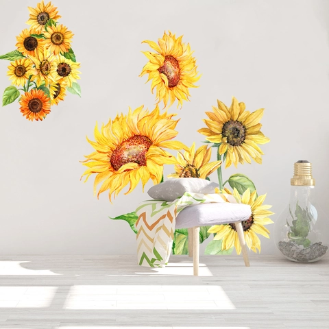 Adesivi Murali Girasole Acquerello PVC Rimovibile Impermeabile Decalcomanie Floreali Per Soggiorno Camera Da Letto Decorazione