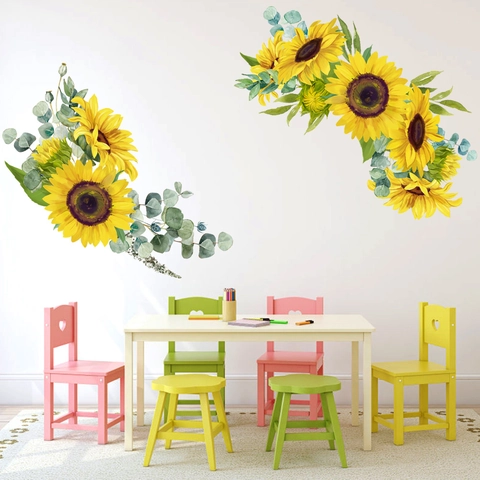 Adesivi Murali Impermeabili in PVC Girasole Foglie di Eucalyptus Fai da Te Autoadesivi Floreale Per Soggiorno Camera da Letto