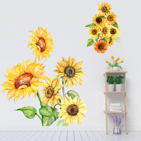 Adesivi Murali Girasole Acquerello PVC Rimovibile Impermeabile Decalcomanie Floreali Per Soggiorno Camera Da Letto Decorazione