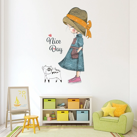 Adesivo da Parete PVC Cartone Ragazza Gatto Nice Day Impermeabile Autoadesivo Decalcomania per Camera dei Bambini Casa