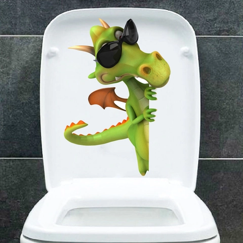 Creativo 3D Dibujos Animados Dinosaurio Verde Gafas De Sol Pegatina Inodoro Impermeable PVC Extraíble Decoración Baño Pared