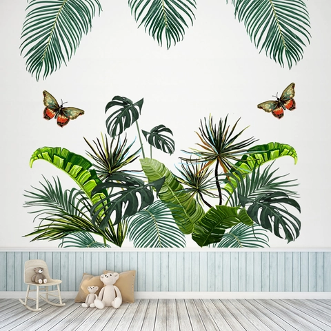 Nordisch Tropischer Regenwald Grüne Blätter Monstera Palme Schmetterling Wandaufkleber Für Wohnzimmer Schlafzimmer PVC Wasserdicht Deko