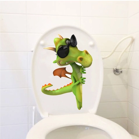 Creativo 3D Dibujos Animados Dinosaurio Verde Gafas De Sol Pegatina Inodoro Impermeable PVC Extraíble Decoración Baño Pared